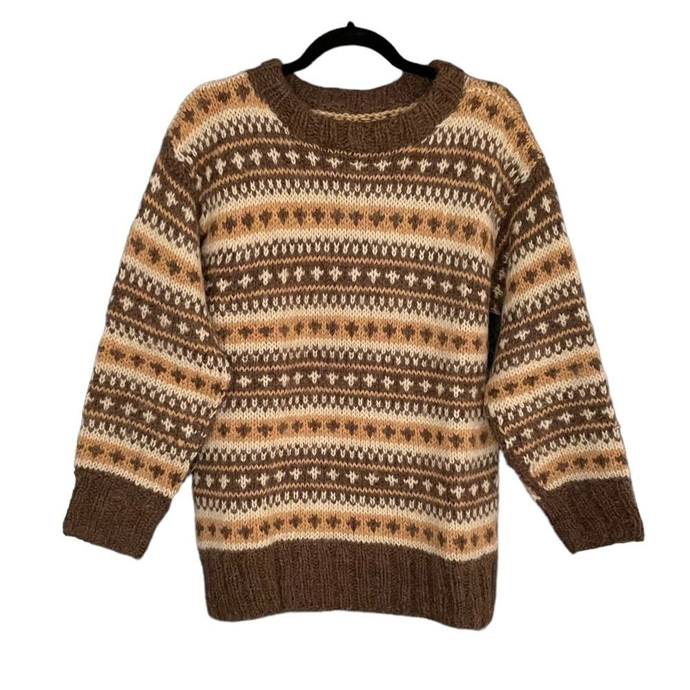 HAND KNIT Wool Sweater Pattern Design Brown Tan Cream L - Picture 1 of 6